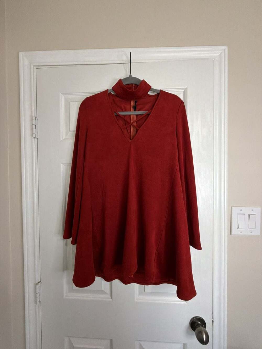 Olivaceous Size S Red Faux Suede Choker Neck Long Sleeve Dress